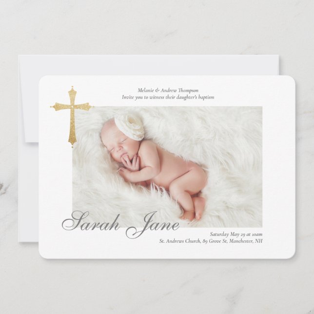 Modern Minimal Gold Cross Baby Photo Baptism Invitation (Front)