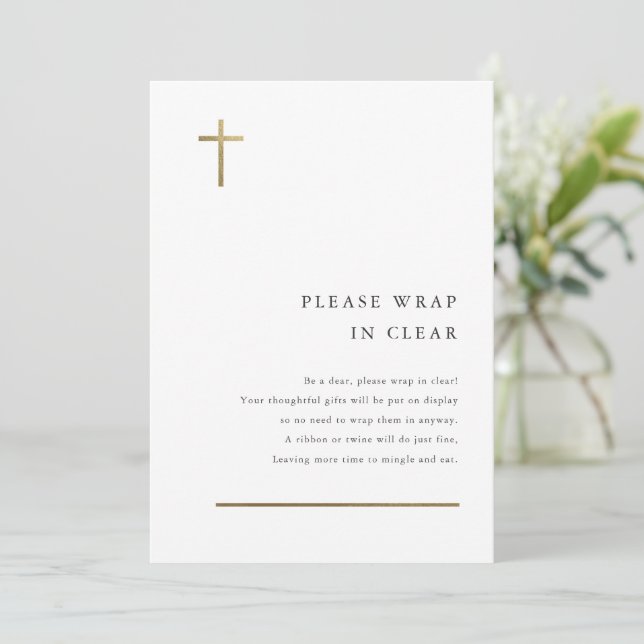 Modern Minimal Gold Cross Baptism Enclosure Card (Standing Front)