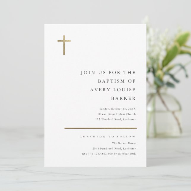 Modern Minimal Gold Cross Baptism Invitation (Standing Front)