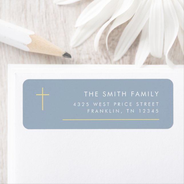 Modern Minimal Gold Cross Baptism Return Address  (Insitu)