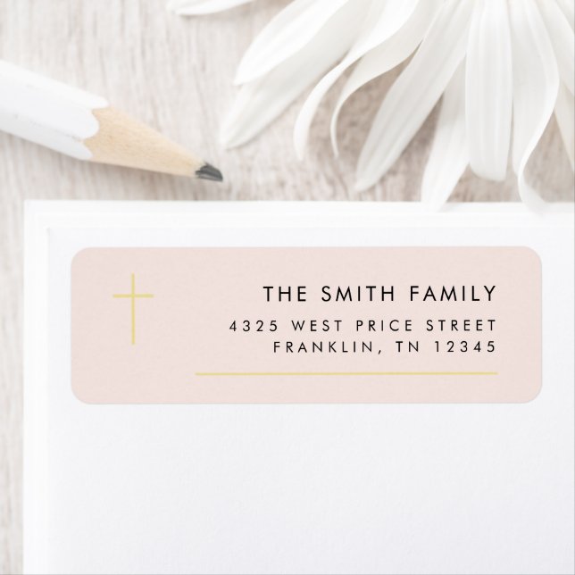 Modern Minimal Gold Cross Baptism Return Address  (Insitu)