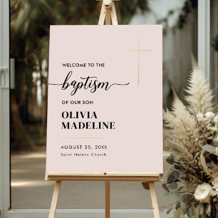 Modern Minimal Gold Cross Baptism Welcome Sign