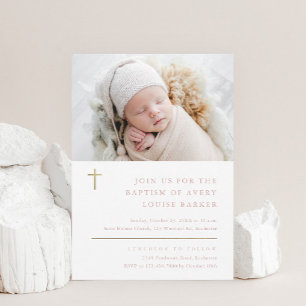 Modern Minimal Gold Cross Photo Baptism Invitation