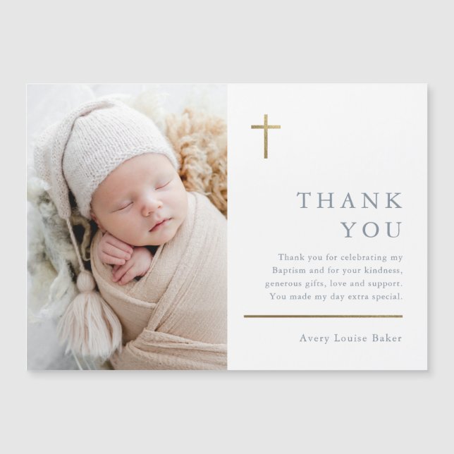 Modern Minimal Gold Cross Photo Baptism Thank You (Front)