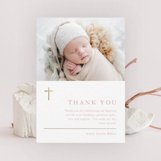 Modern Minimal Gold Cross Photo Baptism Thank You (Creator Uploaded)