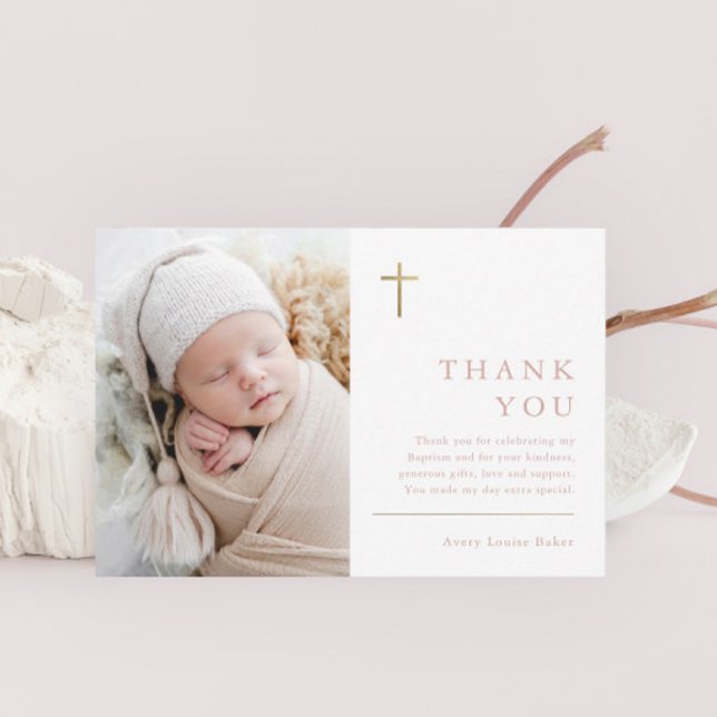 Modern Minimal Gold Cross Photo Baptism Thank You Card (Creator Uploaded)