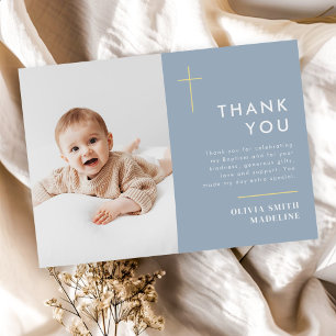 Modern Minimal Gold Cross Photo Baptism Thank You Card