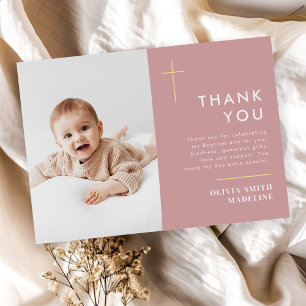 Modern Minimal Gold Cross Photo Baptism Thank You Card