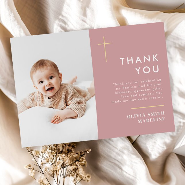 Modern Minimal Gold Cross Photo Baptism Thank You Card (Creator Uploaded)