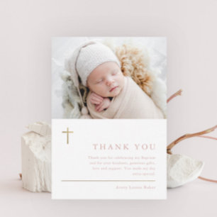 Modern Minimal Gold Cross Photo Baptism Thank You Postcard