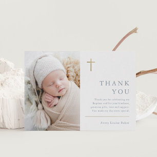 Modern Minimal Gold Cross Photo Baptism Thank You Postcard