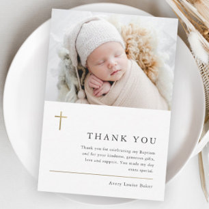 Modern Minimal Gold Cross Photo Baptism Thank You Postcard