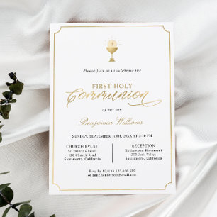 Modern Minimal Gold First Holy Communion Photo  Invitation