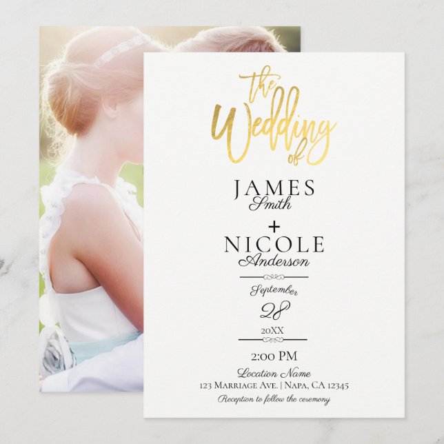 Modern Minimal Gold Foil Full Photo Back Wedding Invitation (Front/Back)