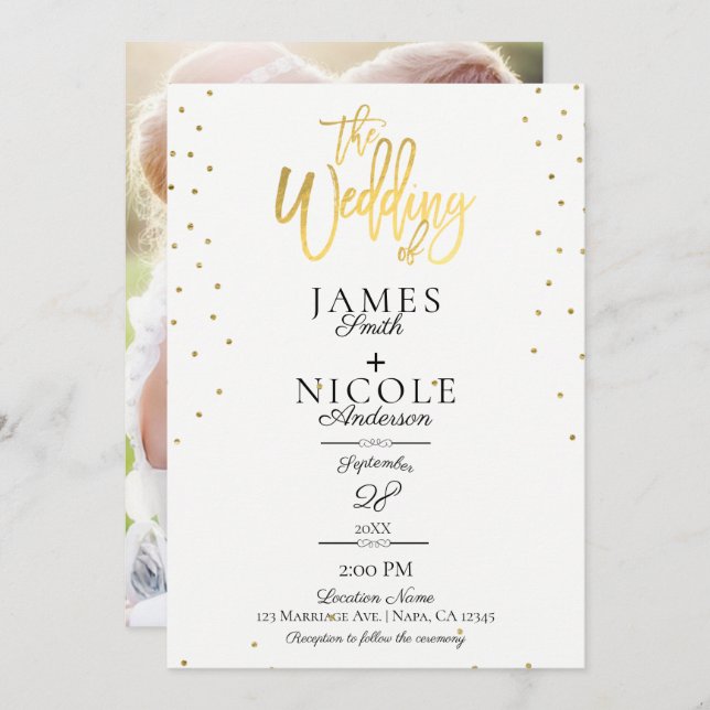 Modern Minimal Gold Foil Full Photo Back Wedding Invitation (Front/Back)