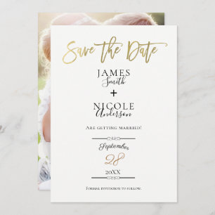 Modern Minimal Gold Foil Full Photo Save the Date Invitation