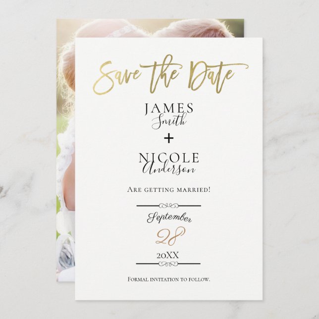 Modern Minimal Gold Foil Full Photo Save the Date Invitation (Front/Back)