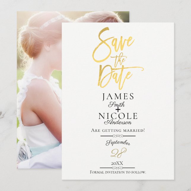 Modern Minimal Gold Foil Full Photo Save the Date Invitation (Front/Back)
