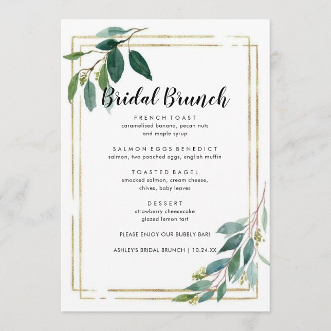 Modern Minimal Gold Foliage Bridal Brunch Menu (Front)