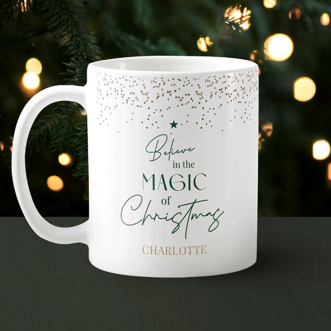 Modern Minimal Gold Glitter Green Christmas Tree Coffee Mug (Modern typography design Christmas mug in pine green with faux gold glitter effect around the rim)