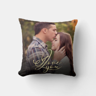 Modern Minimal Gold I Love You Typography Photo  Cushion