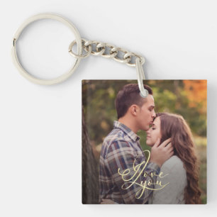 Modern Minimal Gold I Love You Typography Photo Key Ring