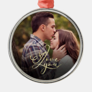 Modern Minimal Gold I Love You Typography Photo Metal Tree Decoration