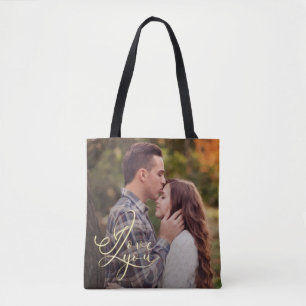 Modern Minimal Gold I Love You Typography Photo  Tote Bag