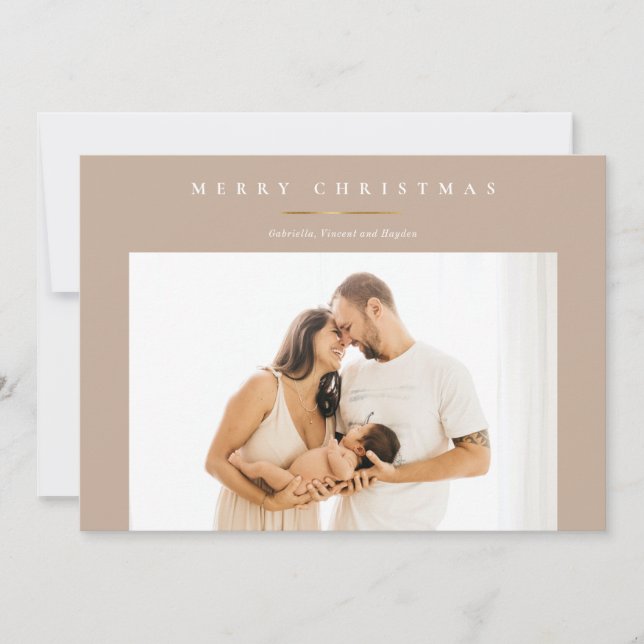 Modern Minimal Gold Merry Christmas Photo Card (Front)