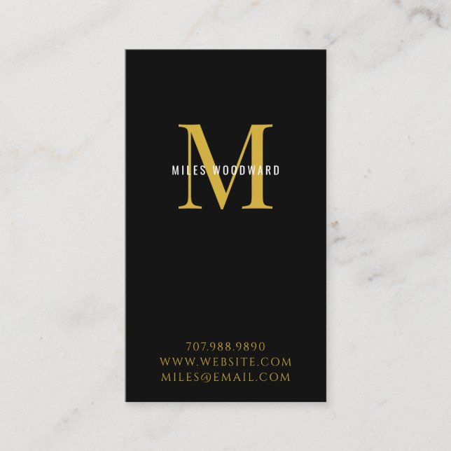 Modern Minimal Gold Monogram Black Calling Cards (Front)