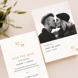 Modern Minimal Gold Monogram Photo Save The Date Invitation