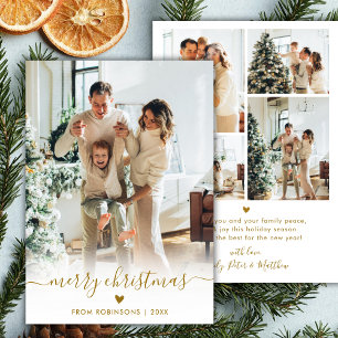 Modern Minimal Gold Script 5 Photo Merry Christmas Holiday Card