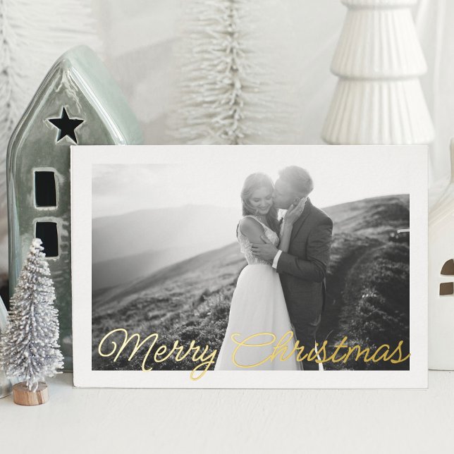 Modern Minimal Gold Script Christmas Wedding Photo Foil Holiday Card (Creator Uploaded)