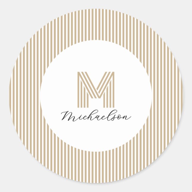Modern Minimal Gold Stripes Monogram Classic Round Sticker (Front)