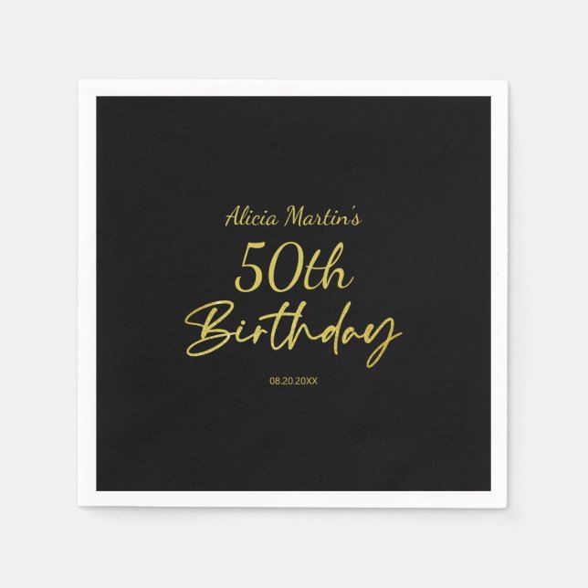 Modern & Minimal Gold Typography Black Birthday Napkin (Front)