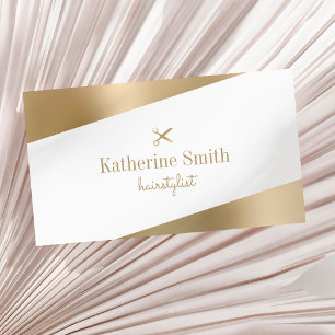 Modern minimal gold & white scissors hairstylist business card