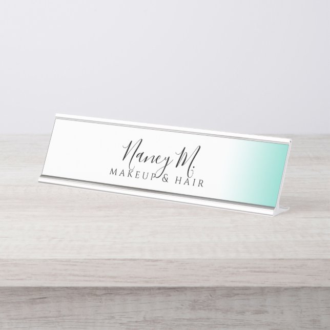 Modern minimal gradient mint white makeup & hair desk name plate (Front)