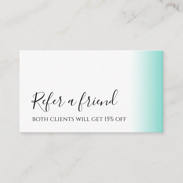 Modern minimal gradient mint white makeup & hair referral card (Front)