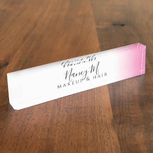 Modern minimal gradient pink white makeup & hair  nameplate (Side)