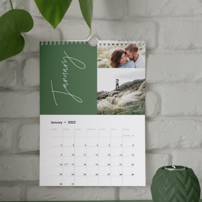 Modern minimal green 2 photo family elegant calendar (Creator Uploaded)