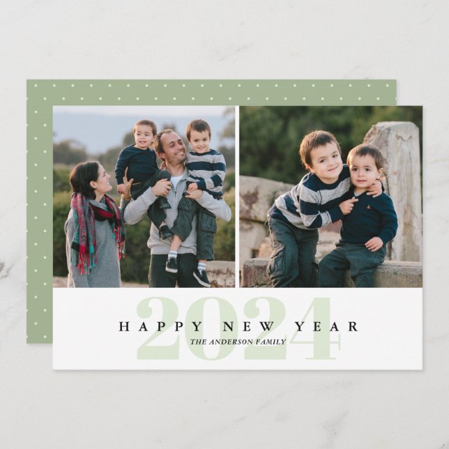 Modern Minimal Green 2 Photo Happy New Year Holiday Card (Front/Back)