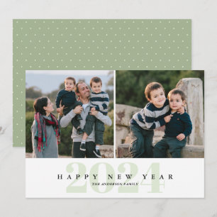 Modern Minimal Green 2 Photo Happy New Year Holiday Card