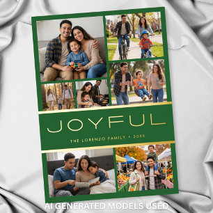 Modern Minimal Green 7 Photo Collage Joyful Foil Holiday Card