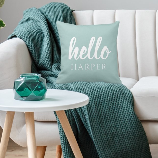 Modern Minimal Green And White Hello And You Name Cushion (Creator Uploaded)