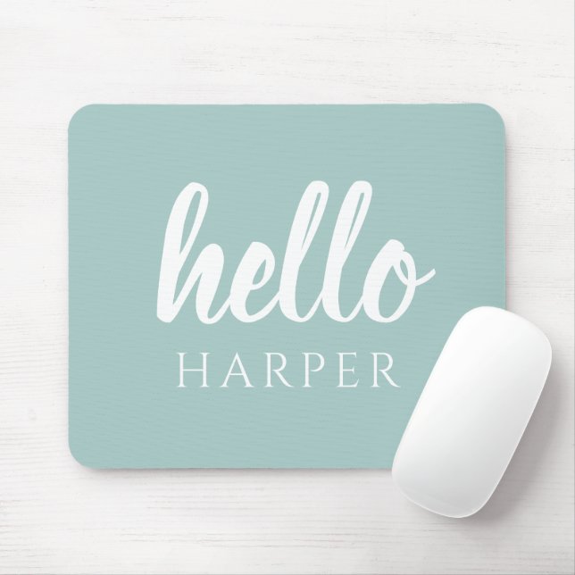 Modern Minimal Green And White Hello And You Name Mouse Mat (With Mouse)