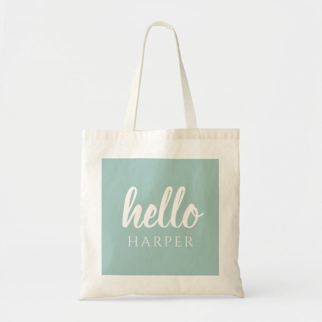 Modern Minimal Green And White Hello And You Name Tote Bag (Front)