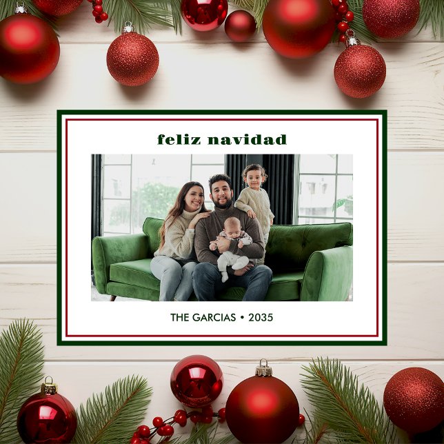 Modern Minimal Green Border Photo Feliz Navidad Holiday Card (Creator Uploaded)