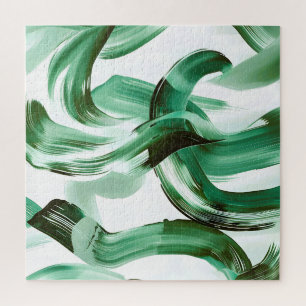 Modern Minimal Green Brush Strokes Abstract Jigsaw Puzzle