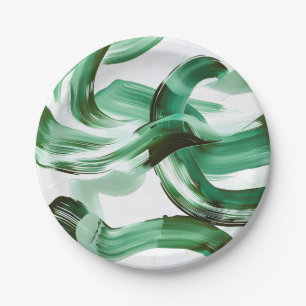 Modern Minimal Green Brush Strokes Abstract Paper Plate
