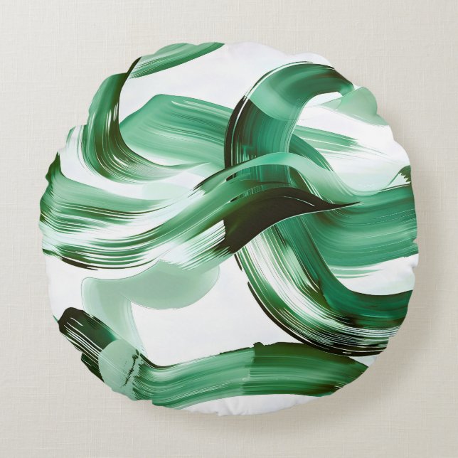 Modern Minimal Green Brush Strokes Abstract Round Cushion (Front)